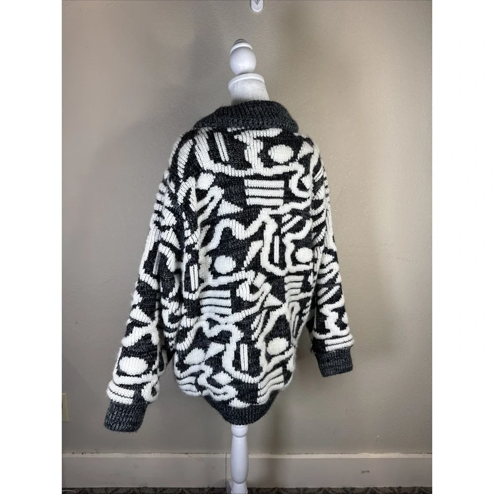 CSL Sweater Jacket‎ L Vintage Black Gray Textured 3d  80s 90s Ski Heavy Abstract